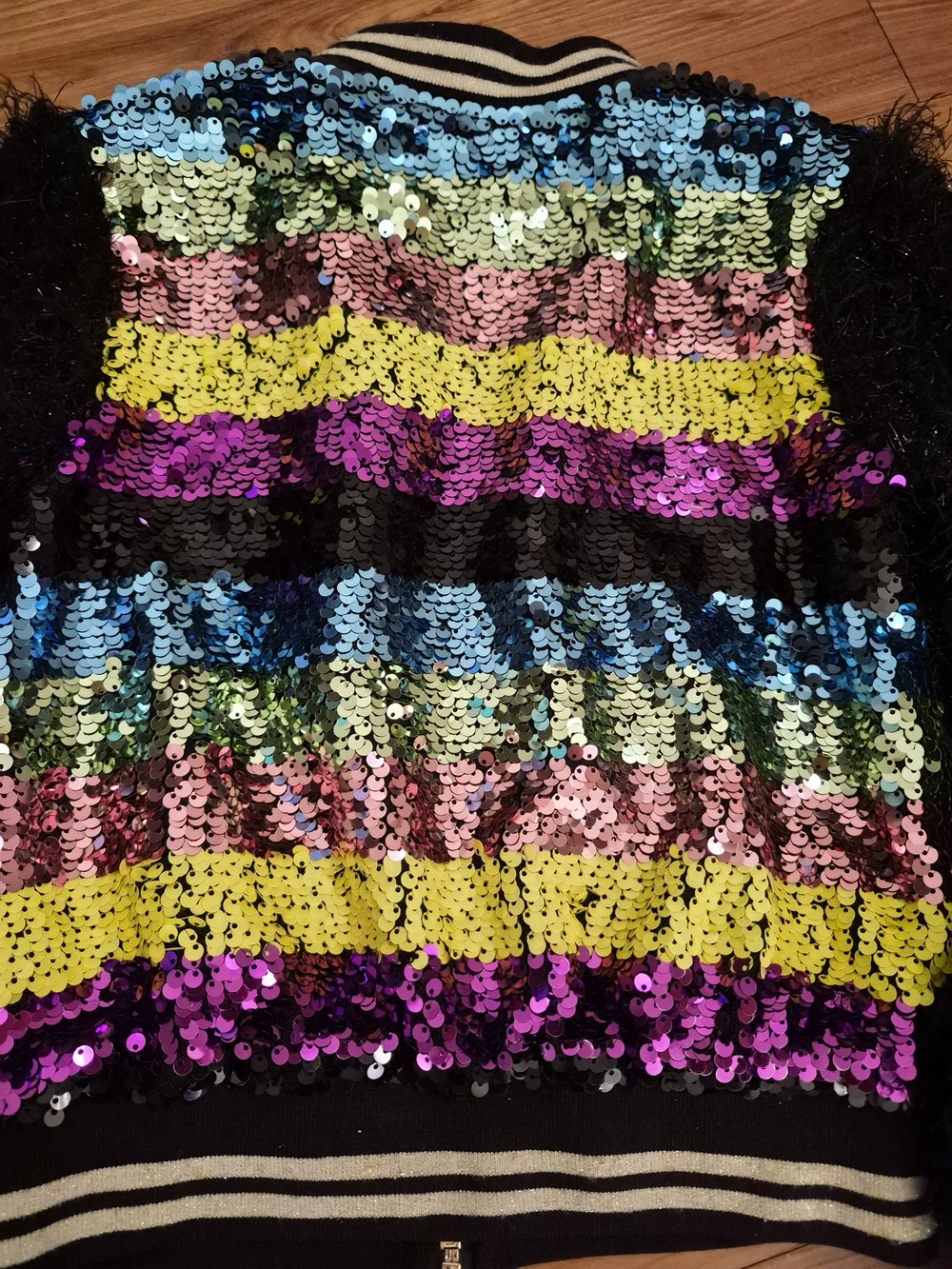 Hannah Banana Black Sequined Bomber Jacket Chevron Sequins Furry Sleeves